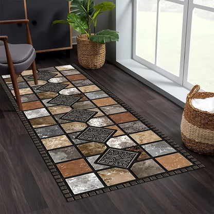 Crystal Velvet Kitchen Mat Non-Slip – Luxury Marble Pattern Machine Washable Polyester Rug for Kitchen Bathroom Bedroom Corridor, White Beige Brown, Multiple Sizes