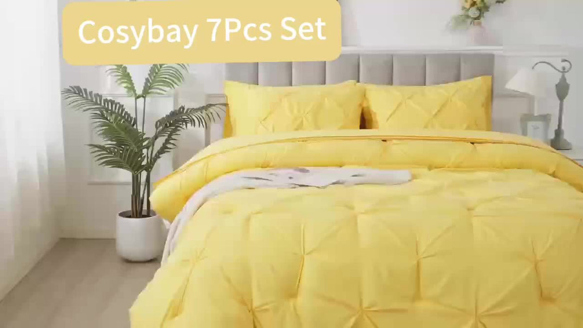 Pinch Pleated Comforter Set Queen King Full – 7 Piece Bed in a Bag with Sheets Pillowcases Pillow Shams, Hypoallergenic Down Alternative Microfiber Bedding 33 Colors All Season