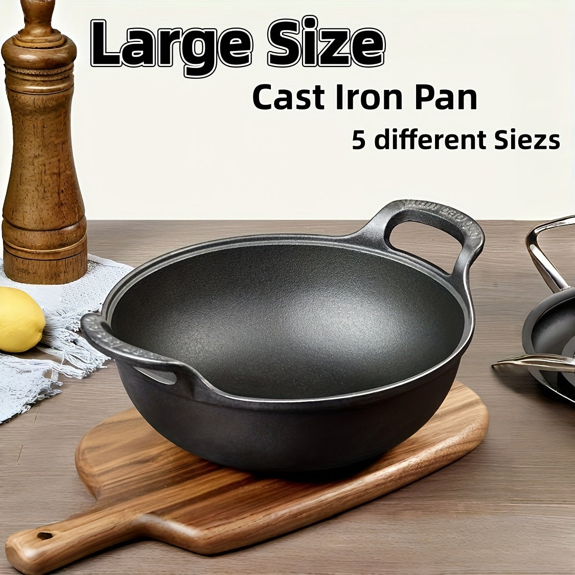 Traditional Cast Iron Wok Set 5 Sizes 7.87 9.84 10.62 11.81 12.59 Inch Uncoated Deep Stir Fry Pan Heavy Duty Skillet with Dual Handles for Home Outdoor Cooking Grilling Baking