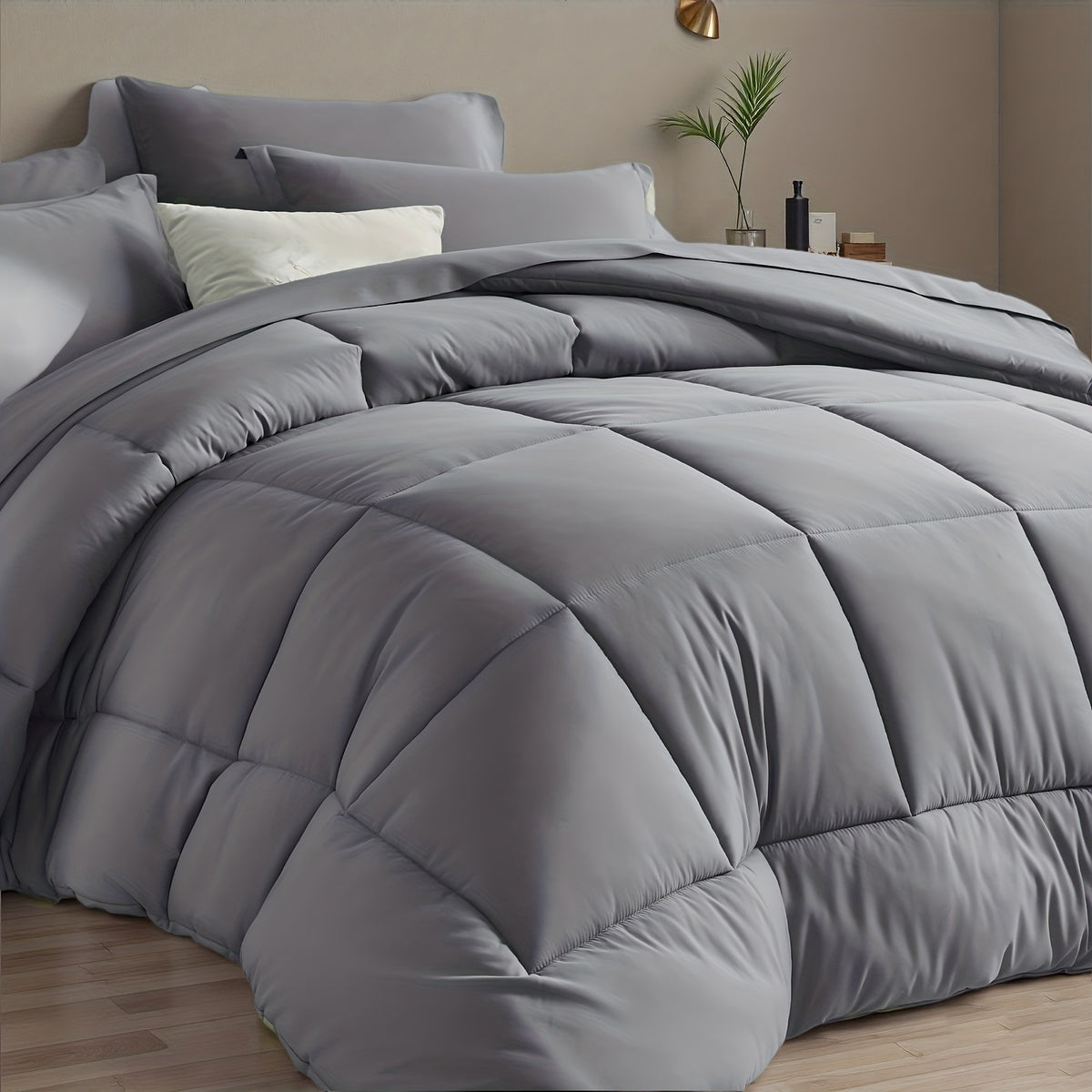 Comforter Set 5/7 Piece Checkered Pattern Bed in a Bag – Ultra Soft Breathable Fluffy Fiber Fill All Season Bedding Set with Comforter Flat Sheet Fitted Sheet Pillowcases, Twin Full Queen King 17 Colors