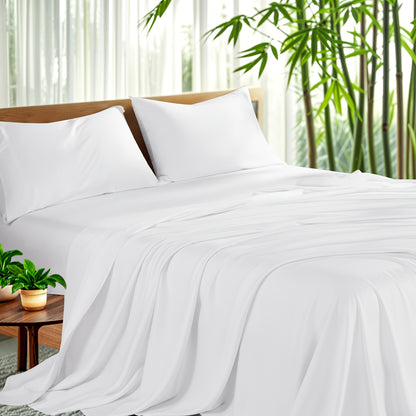 Cooling Bamboo Sheet Set 4 Piece – Soft Hotel Quality Bedding with Fitted Sheet, Flat Sheet & 2 Pillowcases, 16" Deep Pocket, Wrinkle & Shrink Resistant, All Season, Luxury Gift Box, Full Queen King