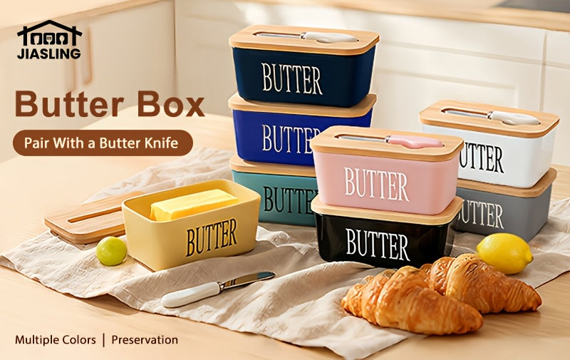 Ceramic Butter Dish with Lid and Knife - Large Capacity Countertop Butter Keeper Airtight Seal Easy Clean, 12 Colors Yellow Blue Grey Pink Black Orange, Kitchen Gift