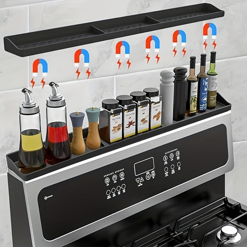 Magnetic Stove Top Shelf Silicone 30 Inch – Flexible Heat Resistant Over Oven Organizer Rack for Kitchen Gadgets Spice Jars Utensils – Strong Magnet Side Mount Storage for Gas Electric Stove, Black