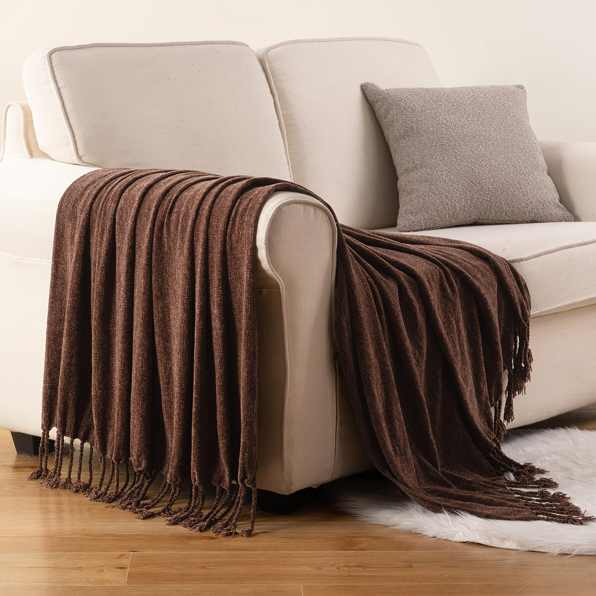 Boho Chenille Throw Blanket with Fringe 50x60 Inch – Soft Velvety Decorative Fringe Throw for Sofa Couch Bed Living Room Home Decor 17 Colors Cozy Gift for Women