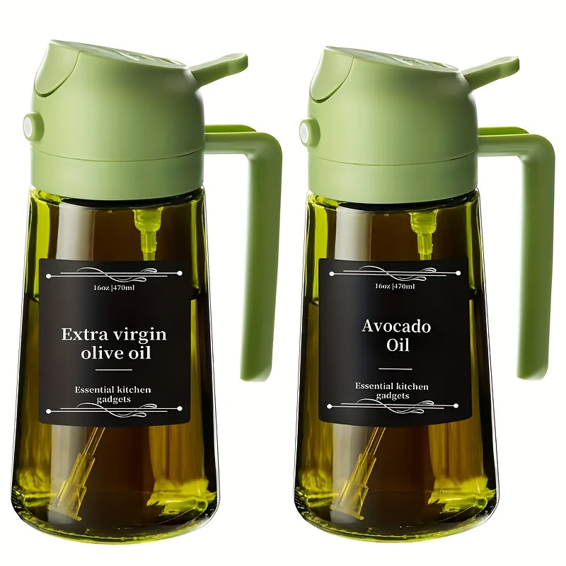 Glass Olive Oil Dispenser Bottle 2 Pack 16oz, 2-in-1 Oil Bottle and Cooking Oil Sprayer for Kitchen BBQ Salad, Premium Dark Green Black Glass Oil Dispenser with 6 Labels