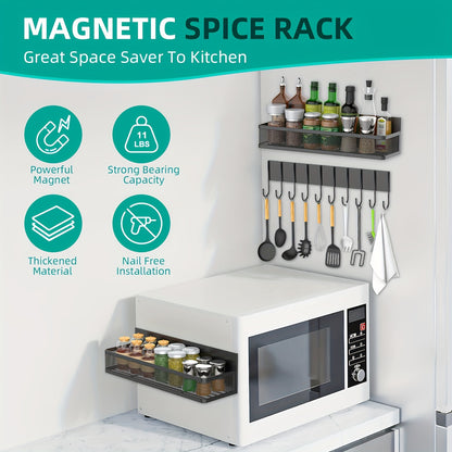 Magnetic Spice Rack for Refrigerator - Movable Metal Fridge Shelf Organizer with 8 Hooks, Multi-Purpose Magnetic Seasoning Rack for Kitchen Side Wall Storage, Space-Saving, Black White 3 5 Pack