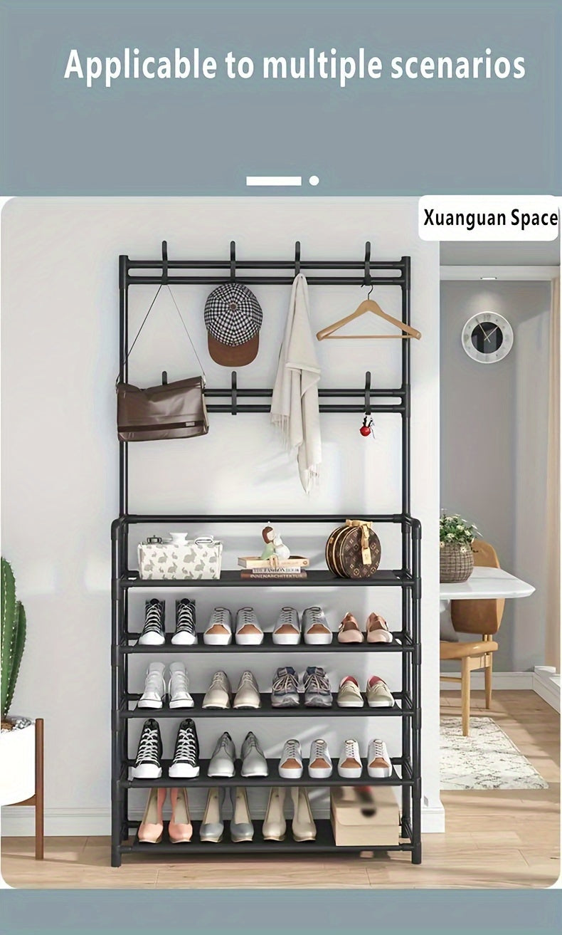 Shoe Rack Organizer with 8 Hooks Multi-Layer - Free Standing Shoe Storage Shelf for Entryway, Closet & Bedroom, Space-Saving Vertical Shoe Tower with Hat & Coat Hooks, 3 or 5 Tier Black