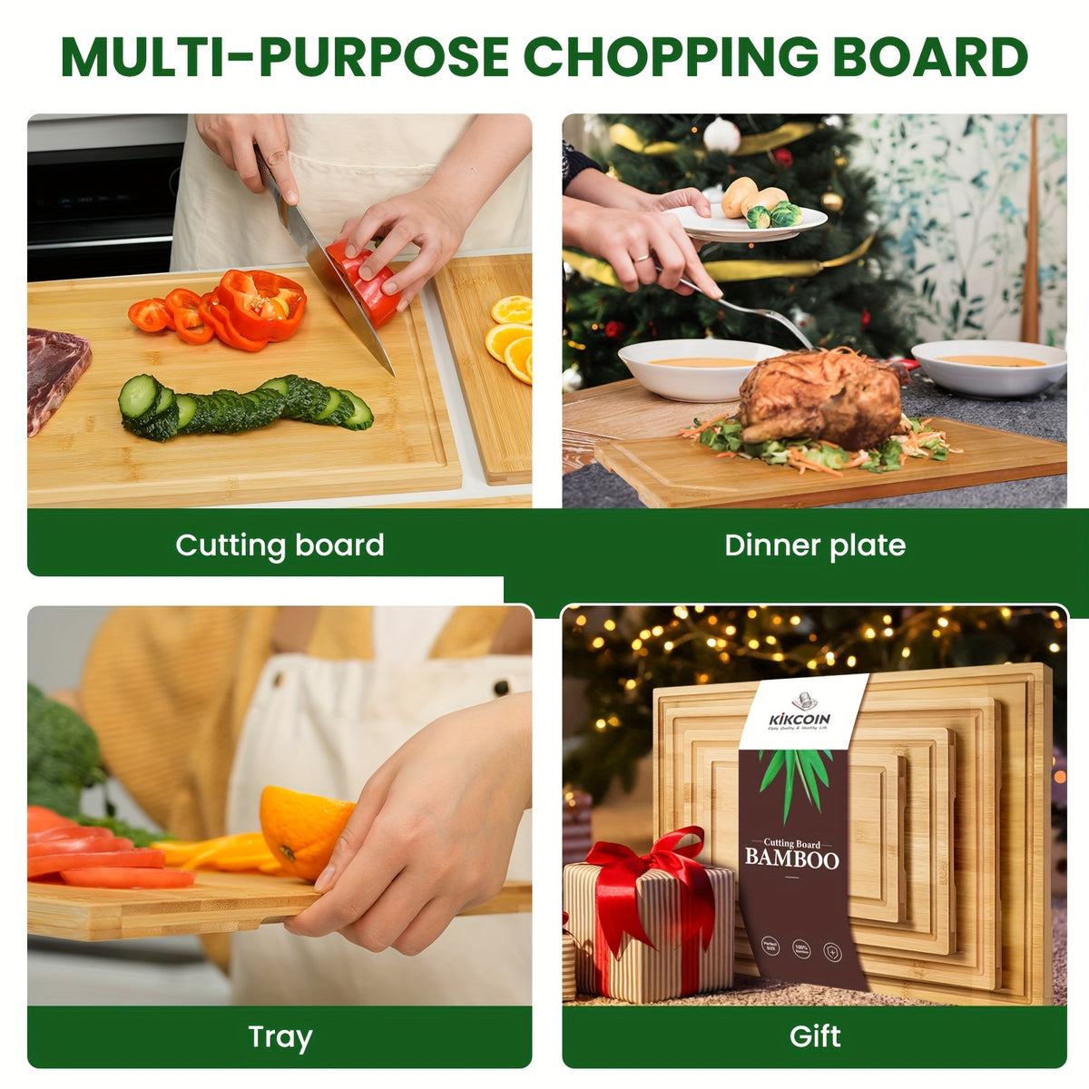 Bamboo Cutting Board Set 4-Pack – Oversized Bamboo Chopping Boards with Juice Groove for Meat Vegetables & Fruit Durable Kitchen Chopping Board Set Gift for Mom Dad Family