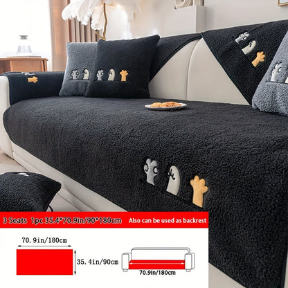 Sofa Cover Plush Shearling Non-Slip Pet-Friendly – Thick Couch Protector with Animal Bone Embroidery for 2 3 4 Seater, Soft Warm Slipcover for Living Room Bedroom Office in Dark Gray Off White Coffee Black