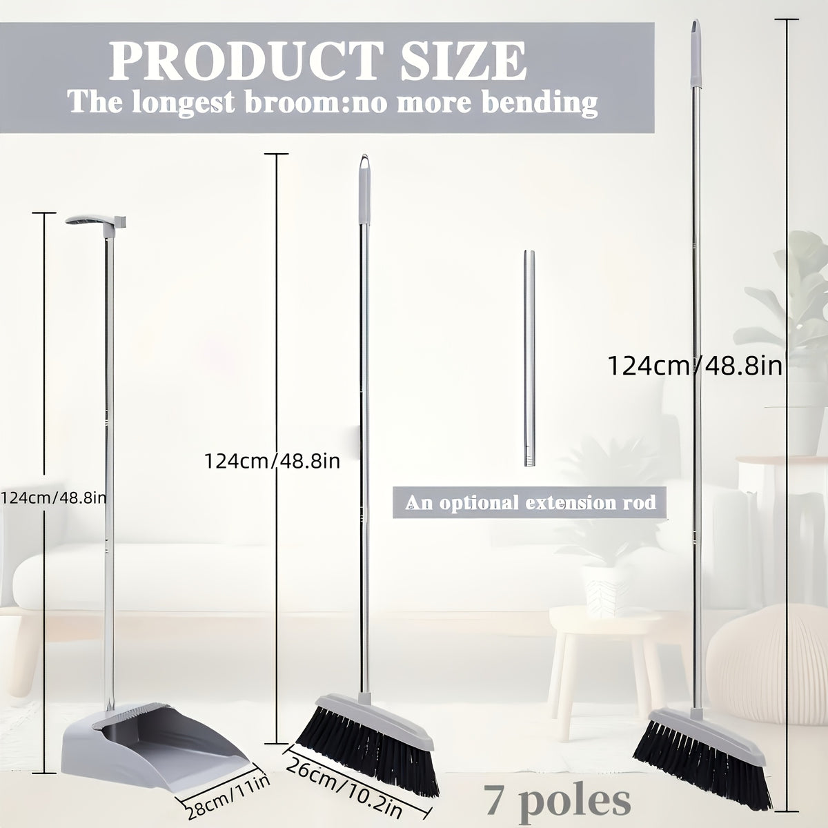 3-in-1 Upright Broom and Dustpan Set with Long Handle, Comb Teeth Dustpan, Garbage Bag Holder – Indoor Outdoor Floor Sweeping Brush Kit for Kitchen Balcony Patio Garage