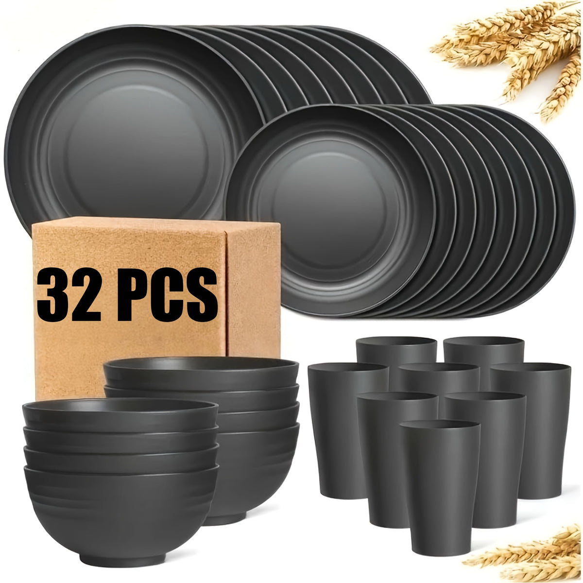Wheat Straw Dish Set for 4 or 8 – 16 or 32 Piece Unbreakable Dinnerware Set with Dinner Plate, Dessert Plate, Cereal Bowl & Cup, Dishwasher Safe Lightweight Tableware for Camping, Everyday Use & Gifts