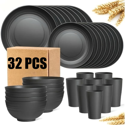 Wheat Straw Dish Set for 4 or 8 – 16 or 32 Piece Unbreakable Dinnerware Set with Dinner Plate, Dessert Plate, Cereal Bowl & Cup, Dishwasher Safe Lightweight Tableware for Camping, Everyday Use & Gifts