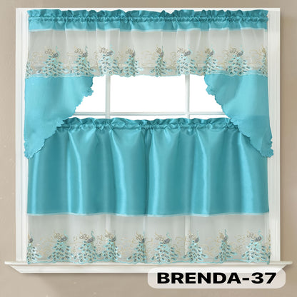 Kitchen Curtains Set 3 Piece with Embroidery – Satin Fabric Valance and Tier Curtains for Kitchen Windows, 49 Colors, Light Filtering, Rod Pocket, Machine Washable