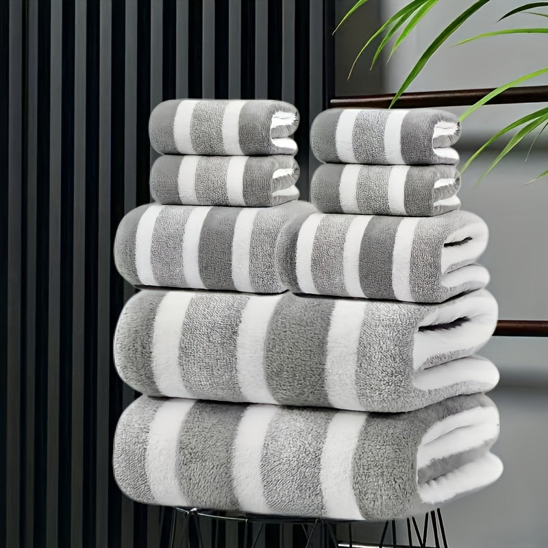 Bath Towel Set 8-Piece Ultra-Soft Absorbent Two-Tone Striped Towels - 2 Bath Towels, 2 Face Towels, 4 Hand Towels - Lint-Free Quick-Dry Bathroom Towels for Home, Hotel, Spa, Red & Gray Options