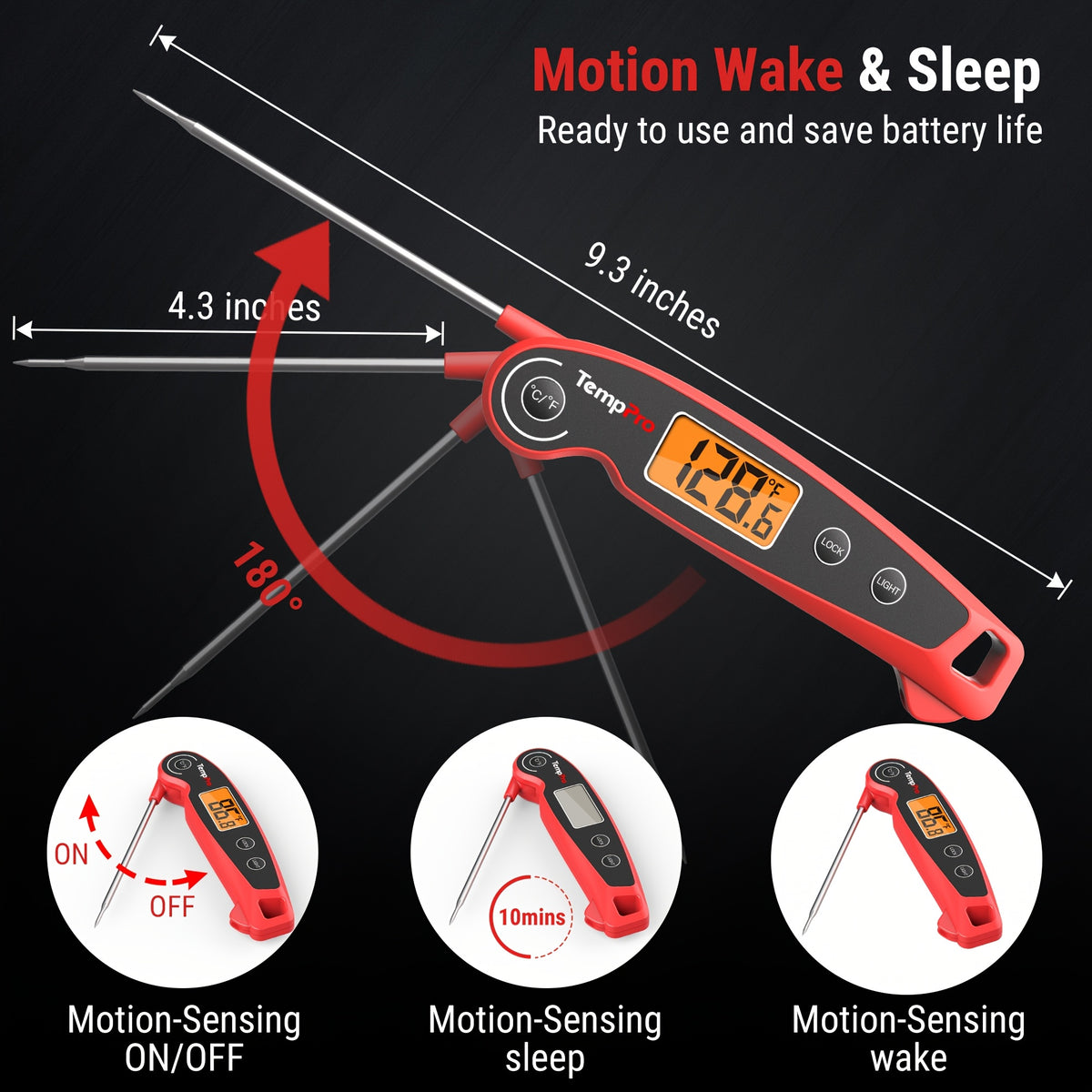 Instant Read Meat Thermometer Digital Food Thermometer with Foldable Probe Motion Sensing Fast 2-3 Second Read – Kitchen BBQ Grill Smoker Oil Candy Thermometer with Magnet LCD Display Red
