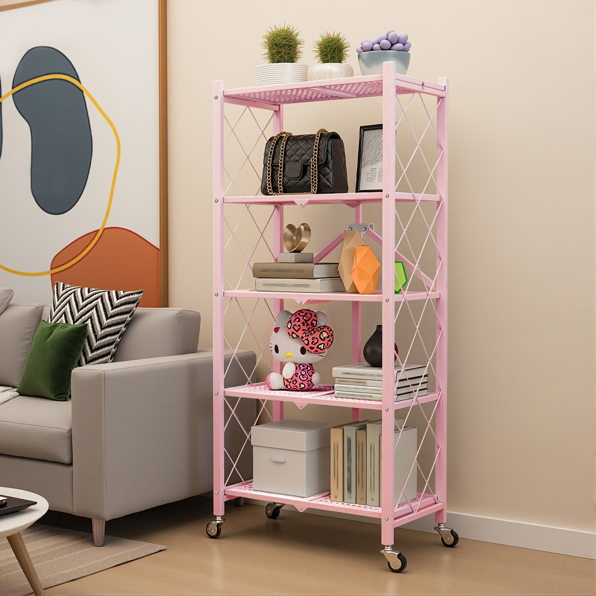 Portable Storage Rack with Lockable Wheels, 3 or 4 Tier Foldable Shelving Unit, Carbon Steel Floor Standing Shelf for Bedroom Bathroom Balcony Garden, No Assembly Required, Space Saving Rolling Organizer