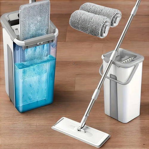 Hands-Free Flat Mop and Bucket Set with Wringer – 360° Swivel Long Handle, 2 Reusable Microfiber Pads, Spin Squeeze System for Hardwood Tile Laminate Floor & Wall Cleaning