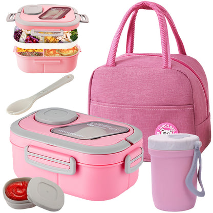 Bento Lunch Box Set with Bag and Cup, 2-Layer Multi-Compartment Meal Prep Container for School Office Picnic, Leakproof Food Storage Box with Insulated Lunch Bag, Pink Blue Green White