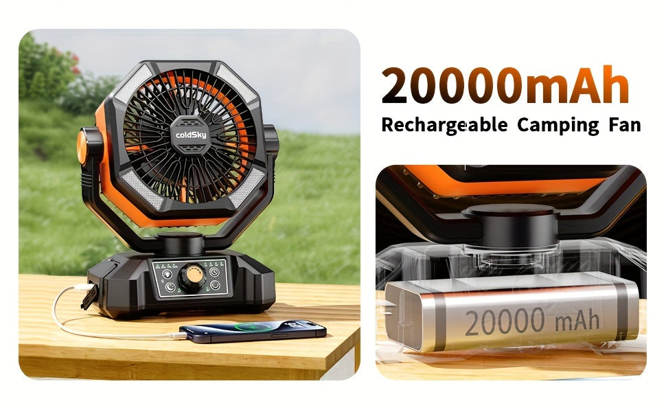 Portable Camping Fan 20000mAh Battery Powered – Dual Motor 8-Speed with Remote Control 4 LED Lanterns & Hook for Tent Bedroom Travel Power Outage & Construction Site