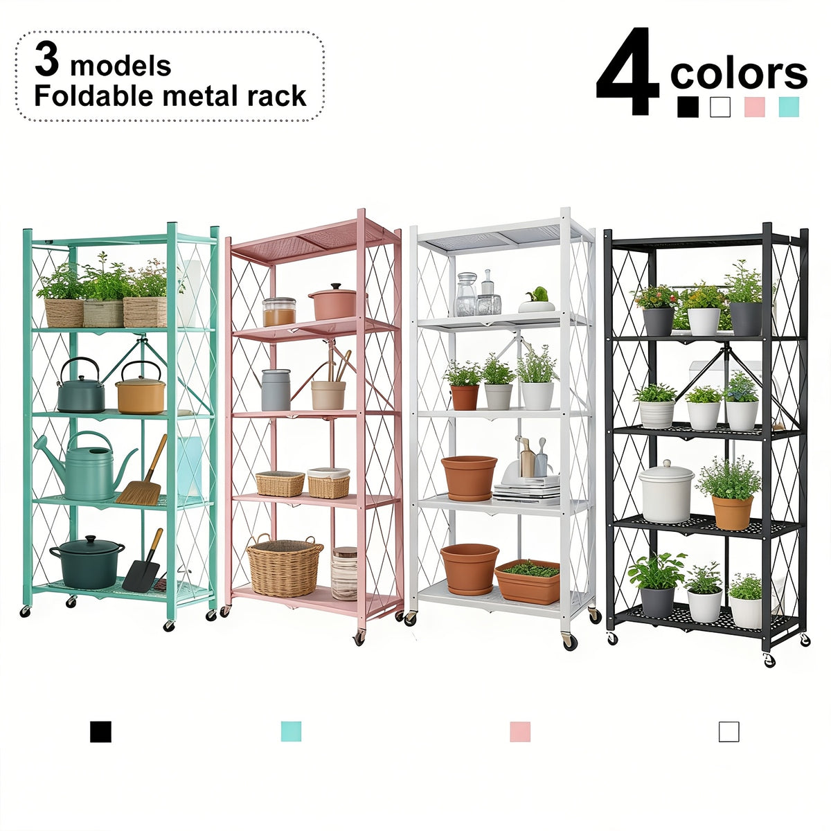 Portable Storage Rack with Lockable Wheels, 3 or 4 Tier Foldable Shelving Unit, Carbon Steel Floor Standing Shelf for Bedroom Bathroom Balcony Garden, No Assembly Required, Space Saving Rolling Organizer