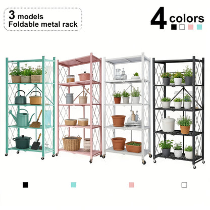 Portable Storage Rack with Lockable Wheels, 3 or 4 Tier Foldable Shelving Unit, Carbon Steel Floor Standing Shelf for Bedroom Bathroom Balcony Garden, No Assembly Required, Space Saving Rolling Organizer