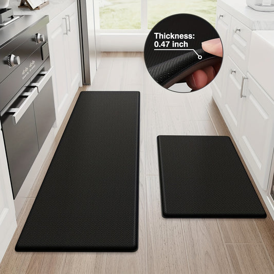 Cushioned Kitchen Mat Set of 2 Non-Slip Anti-Fatigue Rug – Heavy Duty PVC Ergonomic Comfort Foam Floor Mat for Kitchen, Sink, Office & Laundry Room, Black