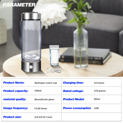 Hydrogen Water Bottle Generator 420ml SPE PEM Technology, Portable Water Ionizer Produces 1600ppb Hydrogen-Rich Water in 3 Min, Borosilicate Glass Hydro Water Machine for Office Travel Fitness