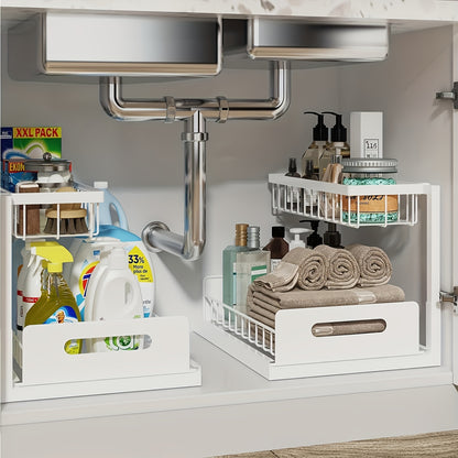 Under Sink Organizer Pull Out 2-Tier – Slide Out Cabinet Shelf for Kitchen & Bathroom, Under Sink Storage with Adjustable Shelves, Black White Grey, 1 or 2 Pack