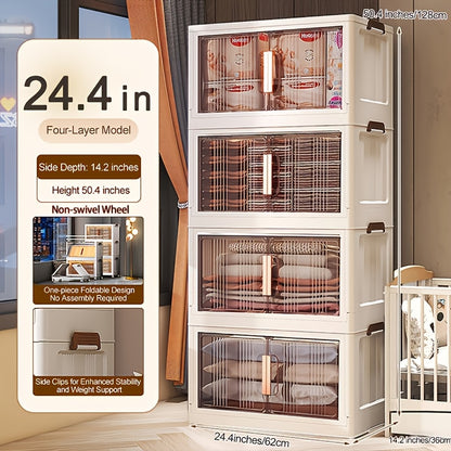 Folding Storage Cabinet with Wheels & Lids – 3/4/5-Tier Extra Large Stackable Plastic Storage Bins Organizer, Translucent Magnetic Doors, for Home, Office, Kitchen, Bathroom, Garage