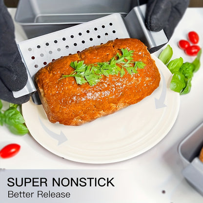 Non-Stick Meatloaf Pan with Drain Tray Set - Fat-Reducing Baking Pan for Healthier Meatloaf, Bread & Patties, Easy Release Loaf Pan with Drip Tray for Oven Baking