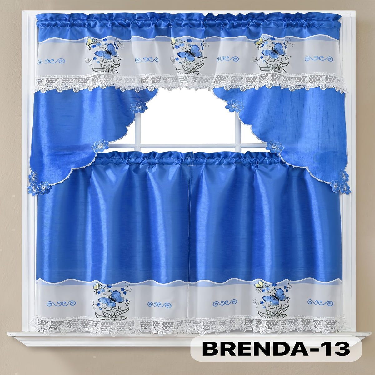 Kitchen Curtains Set 3 Piece with Embroidery – Satin Fabric Valance and Tier Curtains for Kitchen Windows, 49 Colors, Light Filtering, Rod Pocket, Machine Washable