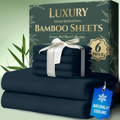 Bamboo Cooling Bed Sheets 6 Piece Set - 17 Inch Deep Pocket Fitted Sheet for Hot Sleepers, Cloud-Soft Luxury Flat Sheet & Pillowcases, Twin Full Queen King, Breathable Hypoallergenic Bedroom Bedding