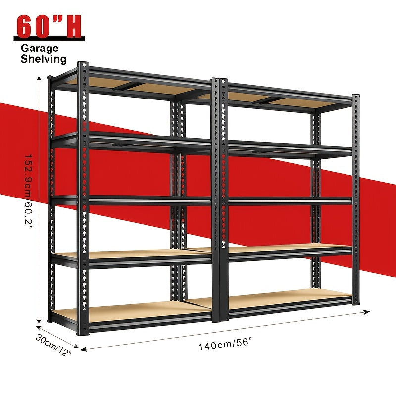 Heavy Duty Metal Shelving Unit 5-Tier Garage Storage Rack 60"/72" Height, 2000 lbs Capacity, Adjustable Steel Shelf for Garage, Basement, Pantry & Utility Room – Black Powder-Coated, 1 or 2 Pack