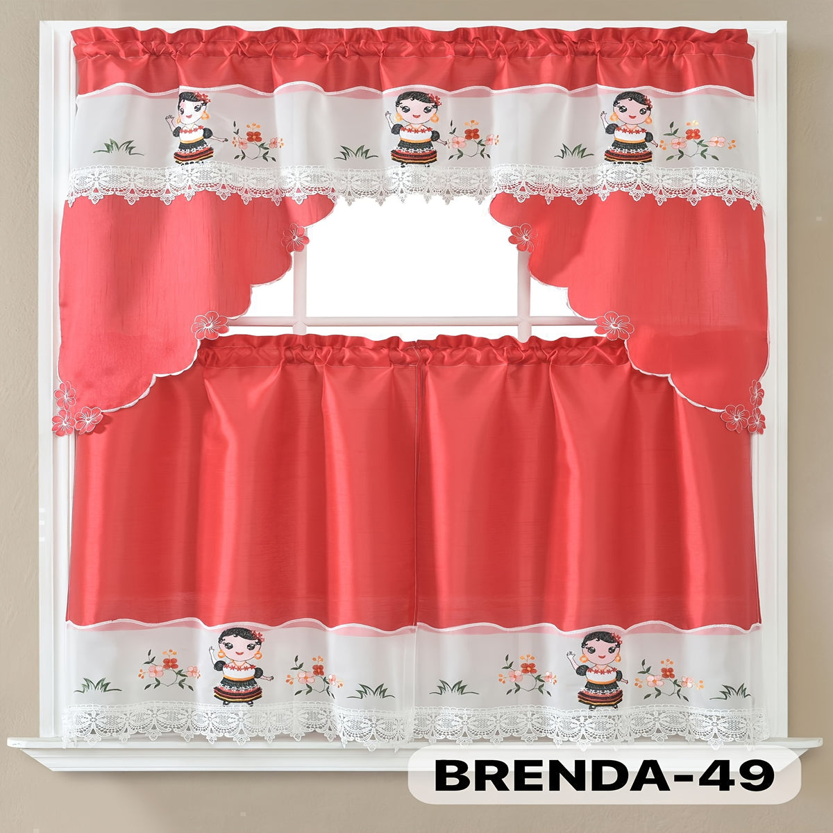 Kitchen Curtains Set 3 Piece with Embroidery – Satin Fabric Valance and Tier Curtains for Kitchen Windows, 49 Colors, Light Filtering, Rod Pocket, Machine Washable