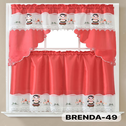 Kitchen Curtains Set 3 Piece with Embroidery – Satin Fabric Valance and Tier Curtains for Kitchen Windows, 49 Colors, Light Filtering, Rod Pocket, Machine Washable