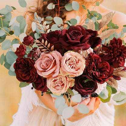 Artificial Rose Bouquet Wine Red – Plastic Faux Flowers for Wedding Engagement Tabletop Decor, Halloween Day of the Dead Memorial Day Fall Winter Events