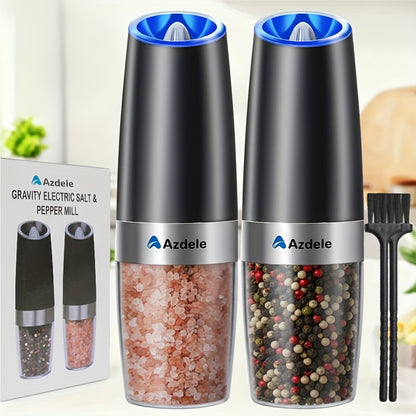Electric Salt and Pepper Grinder Set 2-Pack – Gravity-Sensing Battery-Powered One-Hand Operation LED Light Adjustable Coarseness Black Kitchen Gadget Gift