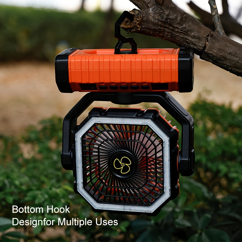 20000mAh Camping Fan with Built-In LED Light – USB Rechargeable Portable Outdoor Cooling Fan, Rugged Sturdy Handle for Tent Hiking Fishing, Compact Design, Green & Orange