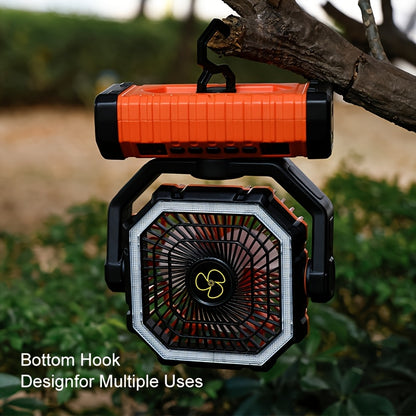 20000mAh Camping Fan with Built-In LED Light – USB Rechargeable Portable Outdoor Cooling Fan, Rugged Sturdy Handle for Tent Hiking Fishing, Compact Design, Green & Orange