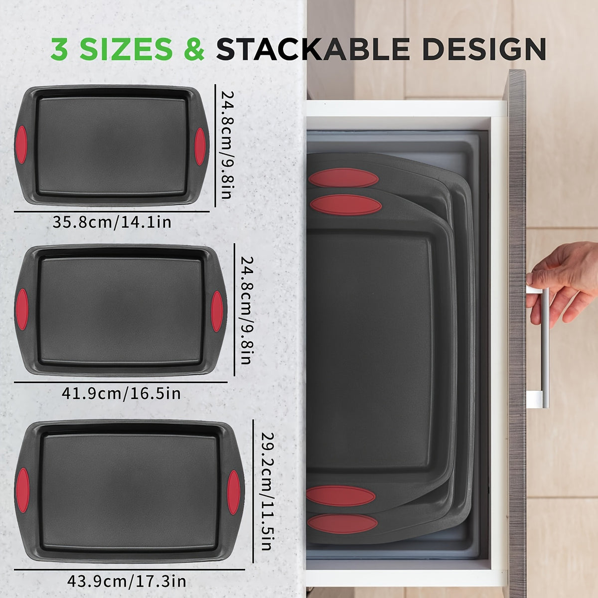 Nonstick Baking Pan Set – 3 or 4 Piece Commercial Grade Steel Oven Pans with Red Silicone Handles, Large Medium & Small Sizes, Easy Clean, Restaurant Quality