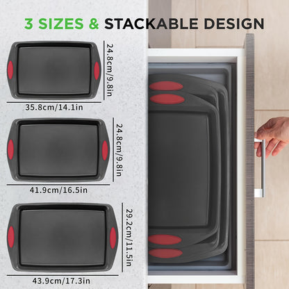 Nonstick Baking Pan Set – 3 or 4 Piece Commercial Grade Steel Oven Pans with Red Silicone Handles, Large Medium & Small Sizes, Easy Clean, Restaurant Quality