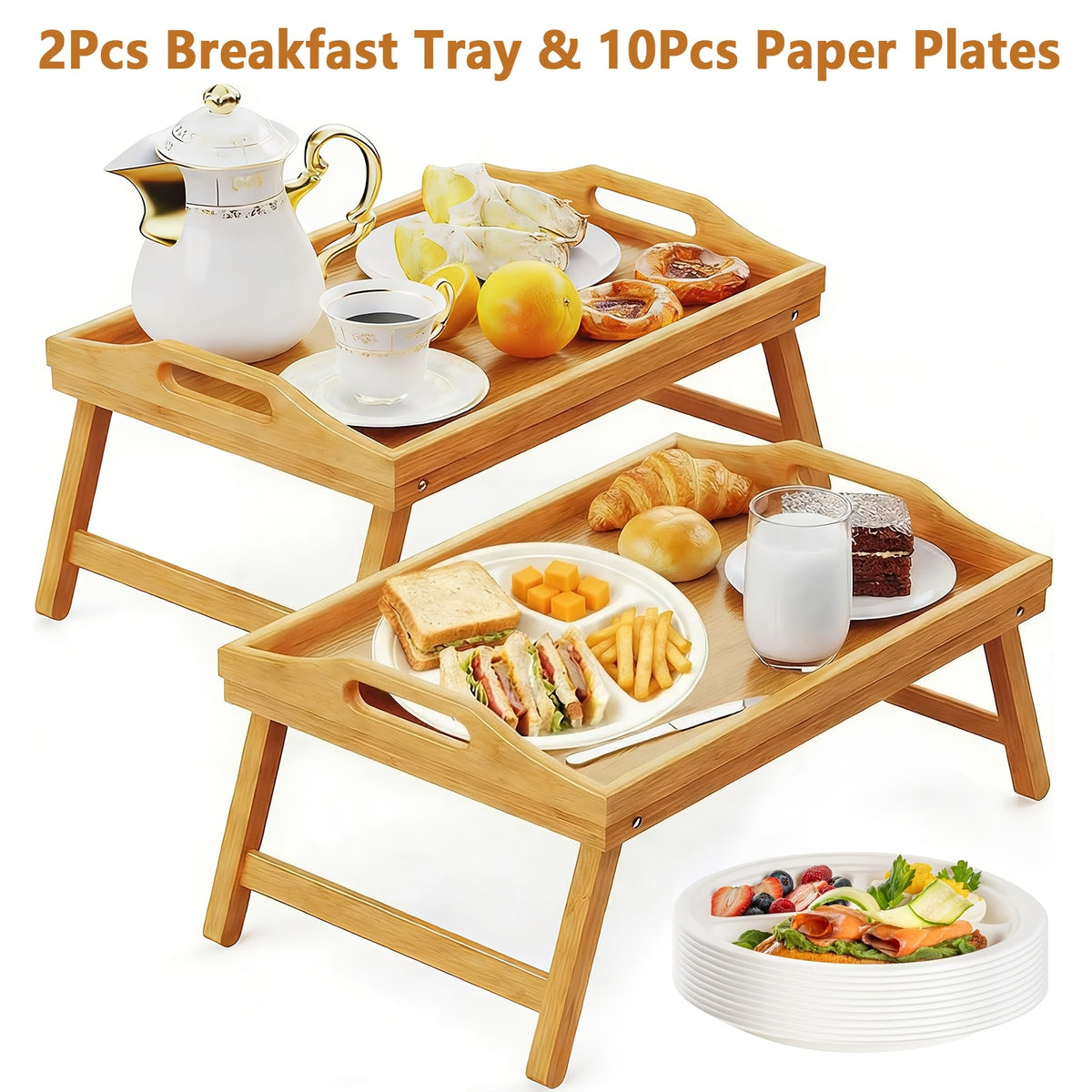 Bamboo Breakfast Tray with Folding Legs & Handles 2 Pack, Extra Wide Foldable Bed Tray Table for Eating Working Drawing, Portable Lap Desk for Sofa Bed Couch, Natural Bamboo with 10 Paper Plates