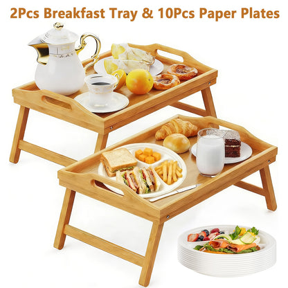 Bamboo Breakfast Tray with Folding Legs & Handles 2 Pack, Extra Wide Foldable Bed Tray Table for Eating Working Drawing, Portable Lap Desk for Sofa Bed Couch, Natural Bamboo with 10 Paper Plates