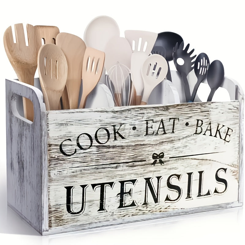 Wooden Utensil Organizer 3-Compartment Rustic Kitchen Caddy, Extra Large Countertop & Wall-Mounted Utensil Holder for Cooking Tools, Heavy-Duty Natural Wood Kitchen Storage Rack