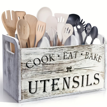Wooden Utensil Organizer 3-Compartment Rustic Kitchen Caddy, Extra Large Countertop & Wall-Mounted Utensil Holder for Cooking Tools, Heavy-Duty Natural Wood Kitchen Storage Rack