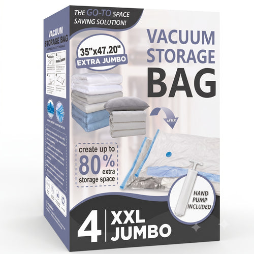 Vacuum Storage Bags for Clothes – Jumbo Space Saver Bags for Comforters Blankets Pillows Bedding, Extra Thick Travel Compression Bags with Hand Pump, 4 8 10 12 20 30 Pack