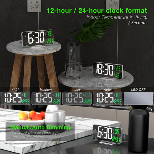 Digital Alarm Clock LED Mirror Display 6.7 Inch – Dual Alarm with Seconds Date Week 12/24H, Dimmable Bedside Desk Clock for Bedroom Living Room Office, Modern White Mirror Design