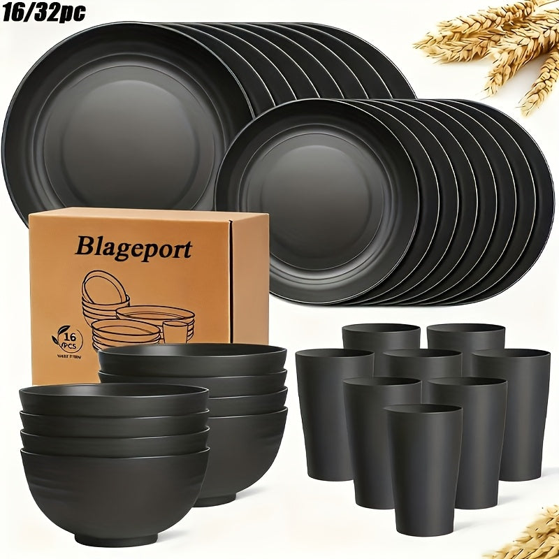 Wheat Straw Dinnerware Set 16 or 32 Piece Unbreakable for 4 or 8 People, Eco-Friendly Plates Bowls Cups Dishwasher Microwave Safe, Lightweight Camping Outdoor Indoor Dinnerware, Black Colorful
