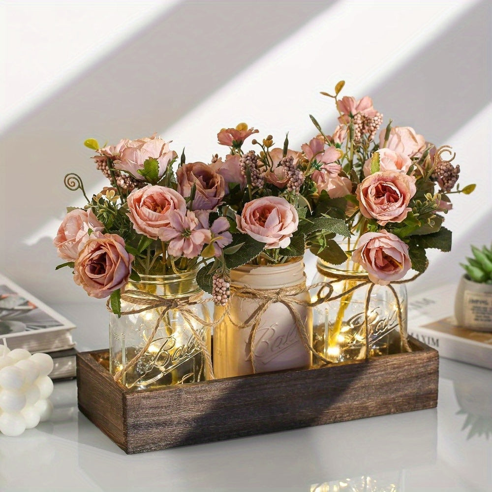 Mason Jar Centerpiece Table Decorations with Wood Tray & LED Lights – 3pcs Farmhouse Dining Room Coffee Table Decor Set for Kitchen Living Room Bathroom, Pink