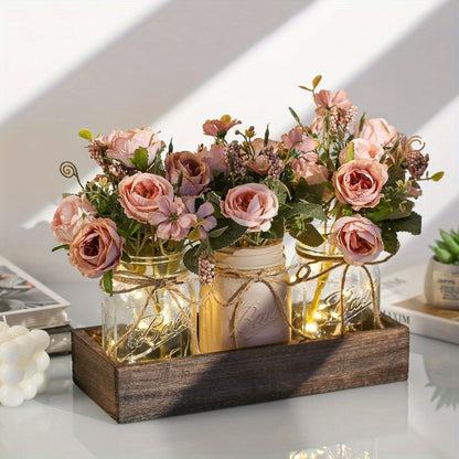 Mason Jar Centerpiece Table Decorations with Wood Tray & LED Lights – 3pcs Farmhouse Dining Room Coffee Table Decor Set for Kitchen Living Room Bathroom, Pink